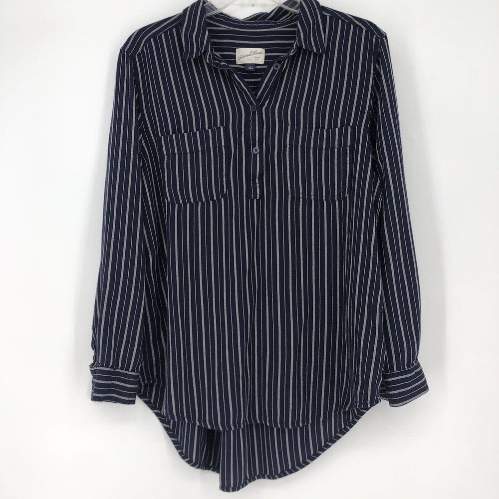 Universal Thread Size L Flannel Tunic Top Blue White Stripe Henley Long Sleeve